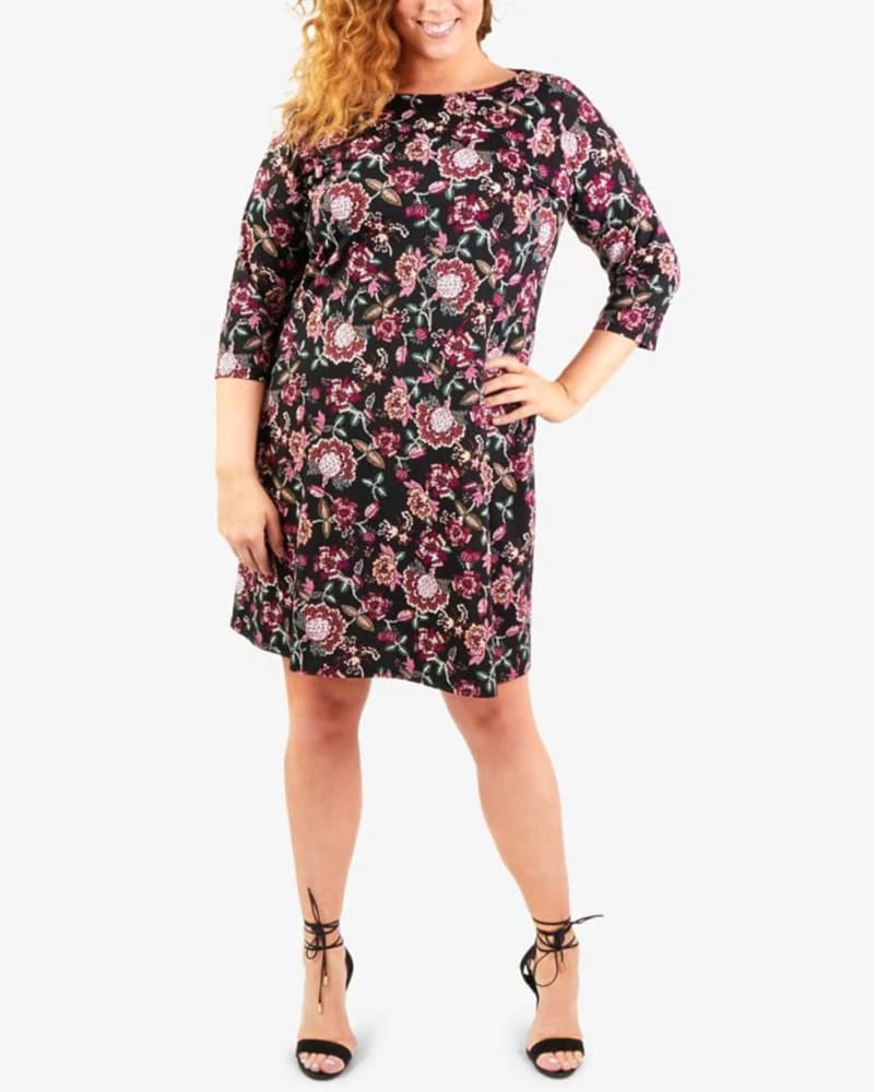 Front of a model wearing a size 2X NY Collection Women's Plus Jacquard Knit Shift Dress with Necklace -Black/Wine Size 2X in Black by NY Collection. | dia_product_style_image_id:313450